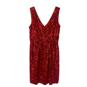 Badgley Mischka Belle sleeveless red sequin minidress w/empire waist & low neck